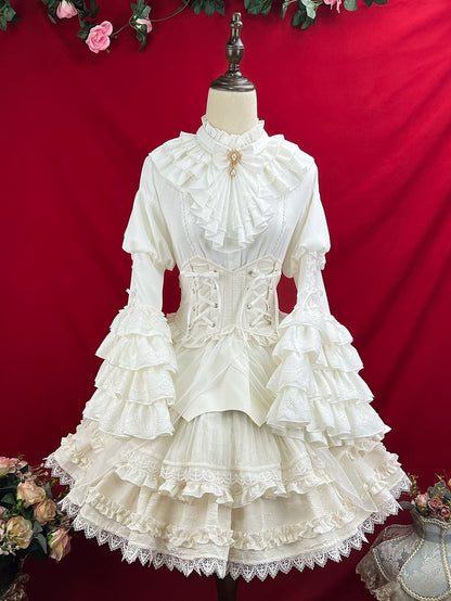 White Layered Bell Sleeves Shiro Gothic Lolita Shirt with Jabot Tie