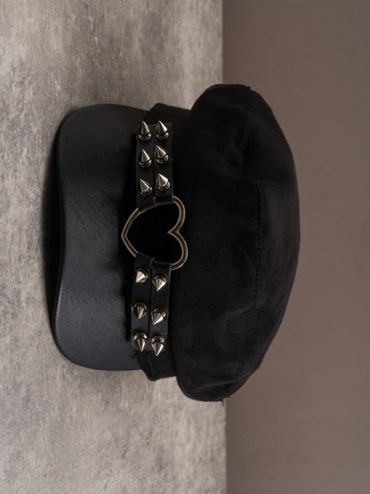 Black Gothic Heart Ring Studs Details Beret Hat