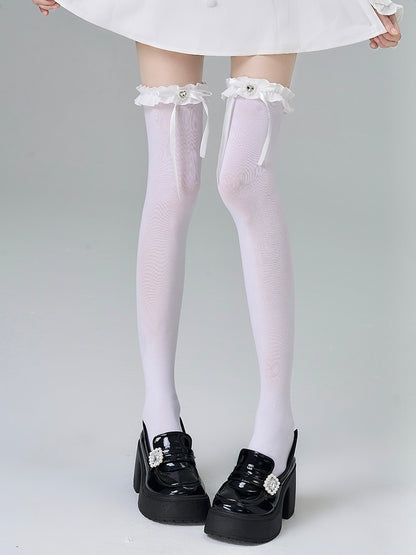 White/Grey/Black Jirai Kei Heart-shaped Rhinestone Bowknot Ruffled Cuff Overknee Stockings