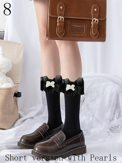 9 Options Black/White Lace Ruffled Cuffs Calf Socks With Pearls