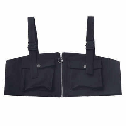 Black Pocket Details Techwear Zip-up Vest Snap Shoulder Straps
