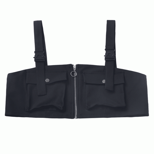 Black Pocket Details Techwear Zip-up Vest Snap Shoulder Straps