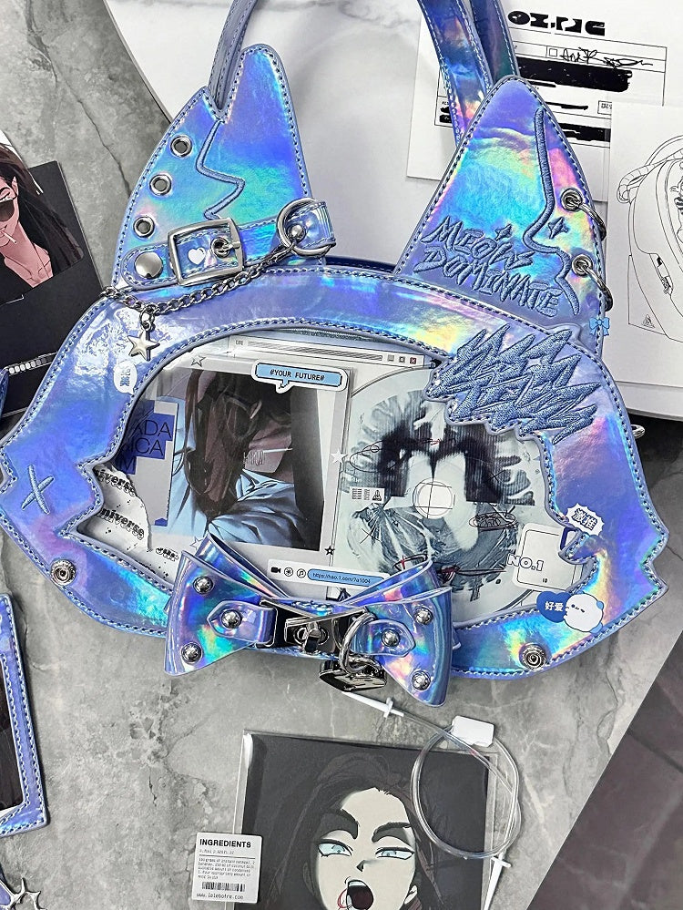 Kitty Ear Design Bowknot Studs Detail Blue PU Tote Bag Ita Bag with Free Card Holder