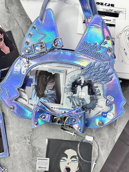 Kitty Ear Design Bowknot Studs Detail Blue PU Tote Bag Ita Bag with Free Card Holder