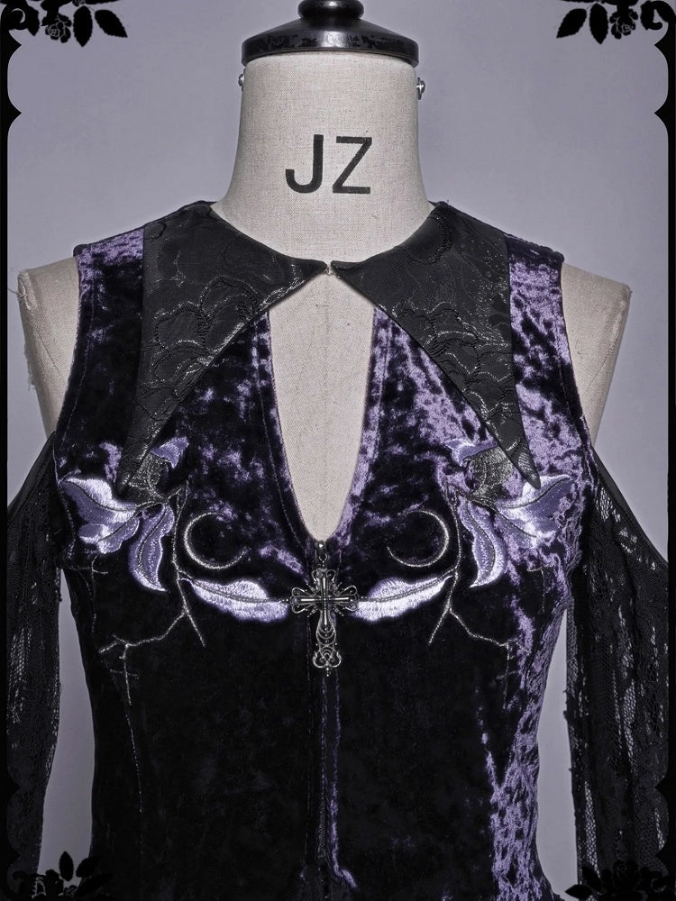 Gothic Velvet Embroidered Open Shoulder Top Double Layered Lace Hem