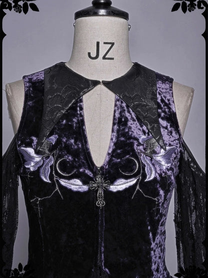 Gothic Velvet Embroidered Open Shoulder Top Double Layered Lace Hem