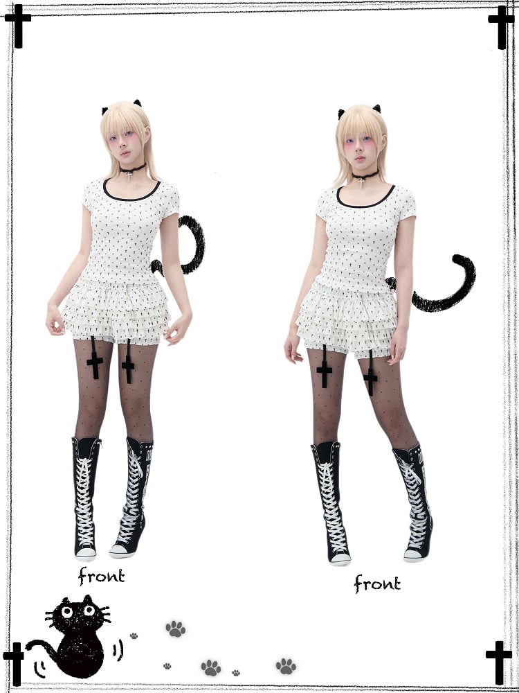 Pastel Gothic Black & White Allover Cross and Cat Paw Print Cat Ears Detail at Back T-Shirt