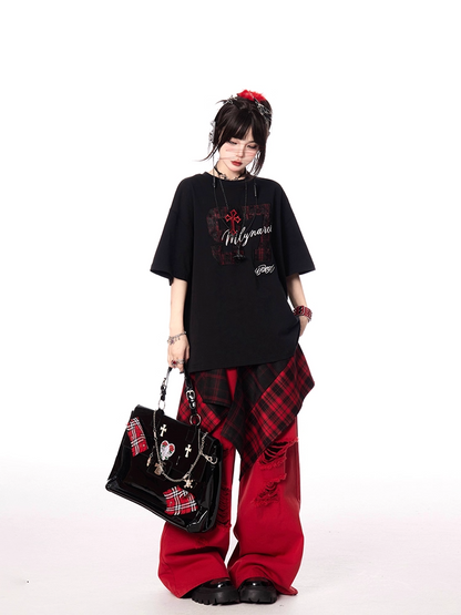 Letter and Number Print Black Round Neck Oversize T-shirt