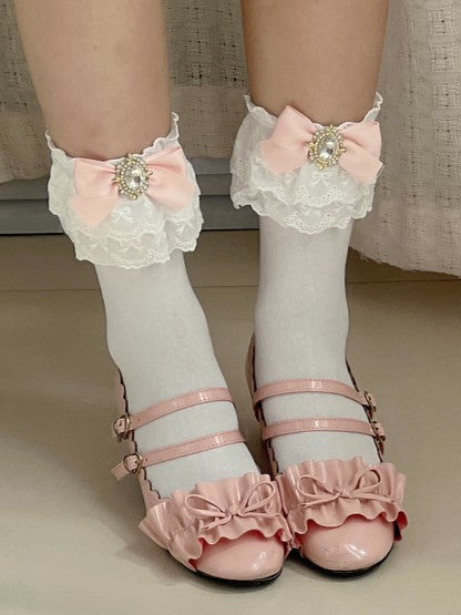 White Ruffled Cuff Jirai Kei Calf Socks With Pink/Blue/Purple/White/Black/Beige Bowknot Details