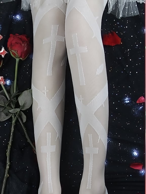 Black/White Gothic Cross Print Overknee Stockings