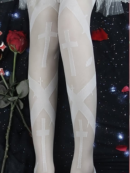 Black/White Gothic Cross Print Overknee Stockings