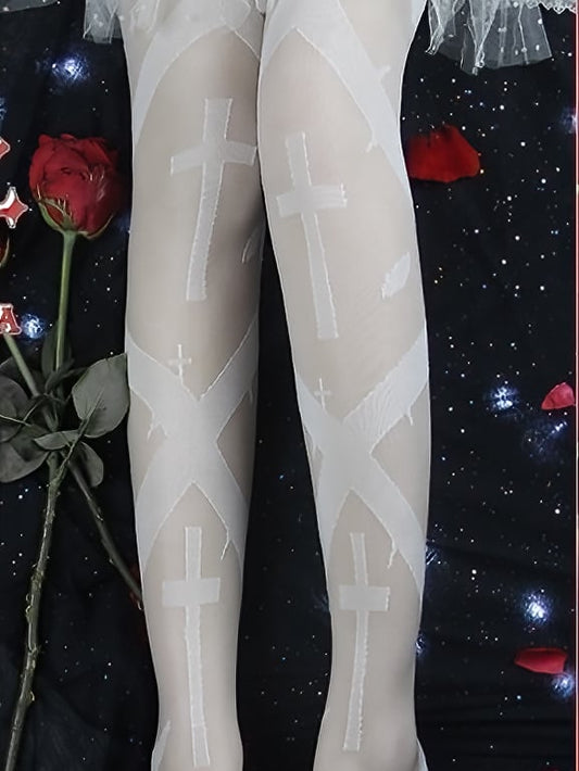 Black/White Gothic Cross Print Overknee Stockings