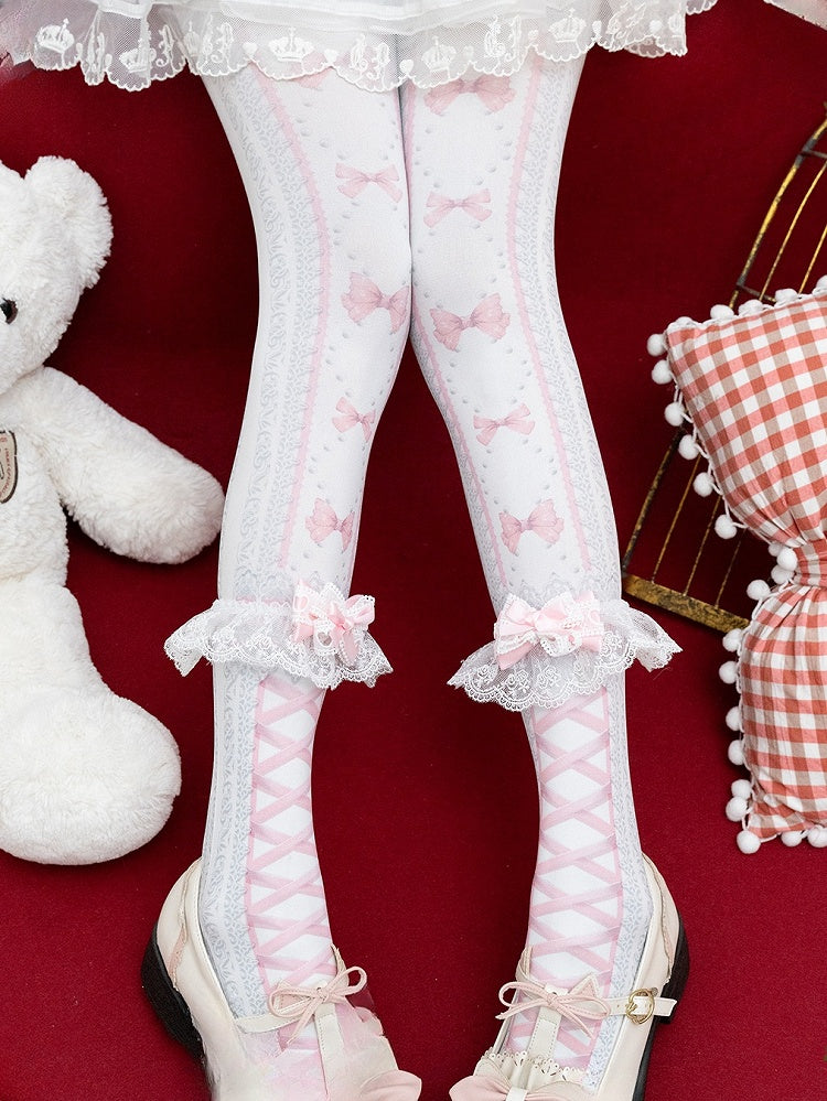 Purple/Pink/Black Lolita Bowknot Heart Print Tights＋Lace Bowknot Cuffs Set