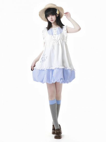 Seashell and Starfish Embroidery White and Blue Plaid Flutter Sleeves Dress Bubble Skirt