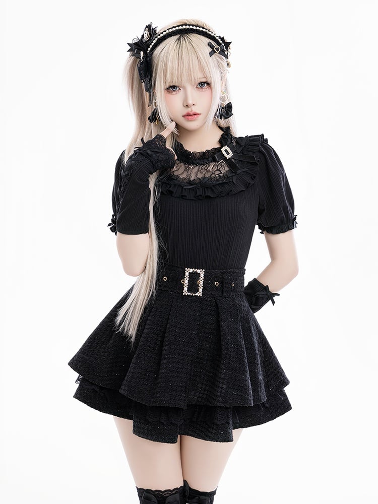 Jirai Kei Bowknots and Beads Decorated Illusion Neckline Black Blouse with Free Armwear