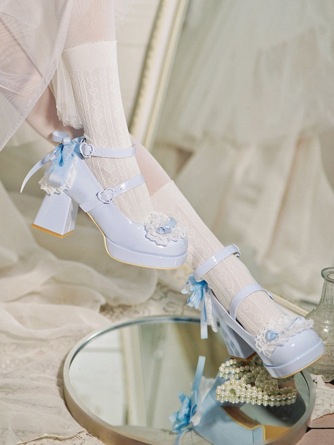 Blue Knotted Bow at Top Lace Trim Heart Buckles High Block Heels