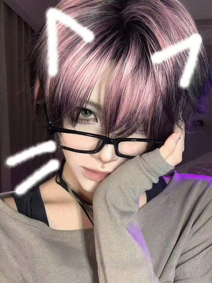 Black and Pink Highlight Hair Color 35CM Length Short Ouji Wig