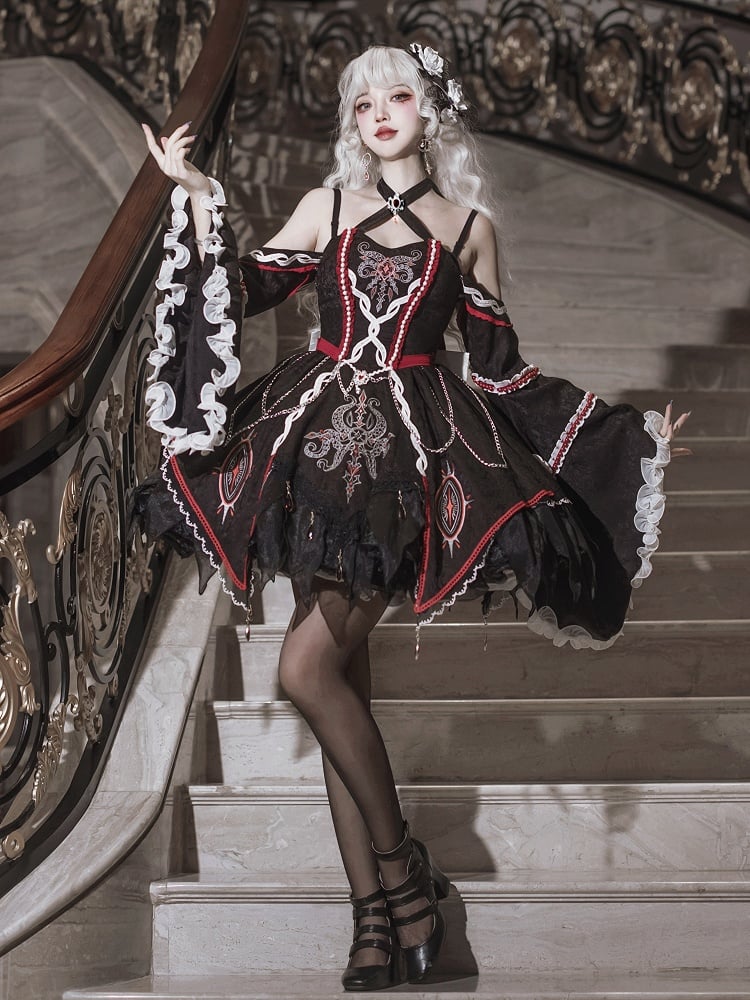 Black and Red Halter Neck Cthulhu Vibes Lolita Dress with Detachable Bell Sleeves