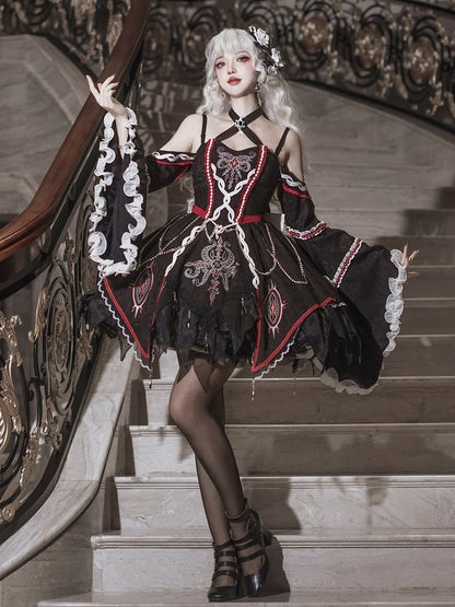 Black and Red Halter Neck Cthulhu Vibes Lolita Dress with Detachable Bell Sleeves