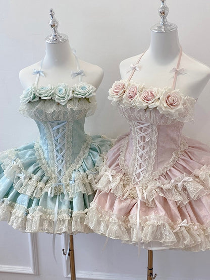 Pink Rose-Embellished Basque Waist Balletcore Dress with Ruffled Layers