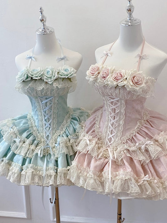 Pink Rose-Embellished Basque Waist Balletcore Dress with Ruffled Layers