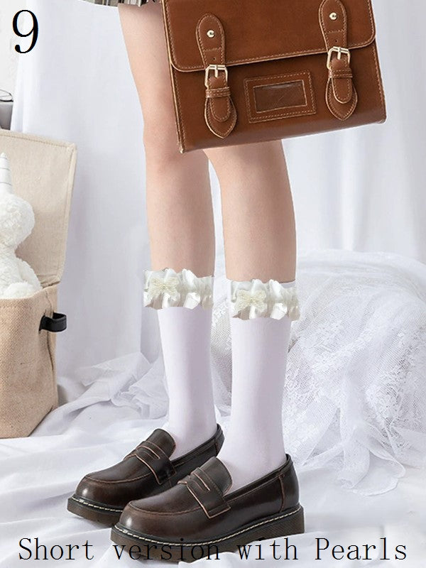 9 Options Black/White Lace Ruffled Cuffs Calf Socks With Pearls