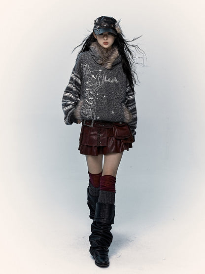 Gray&White/Black&White Plush Trim Striped Sleeves Hoodie