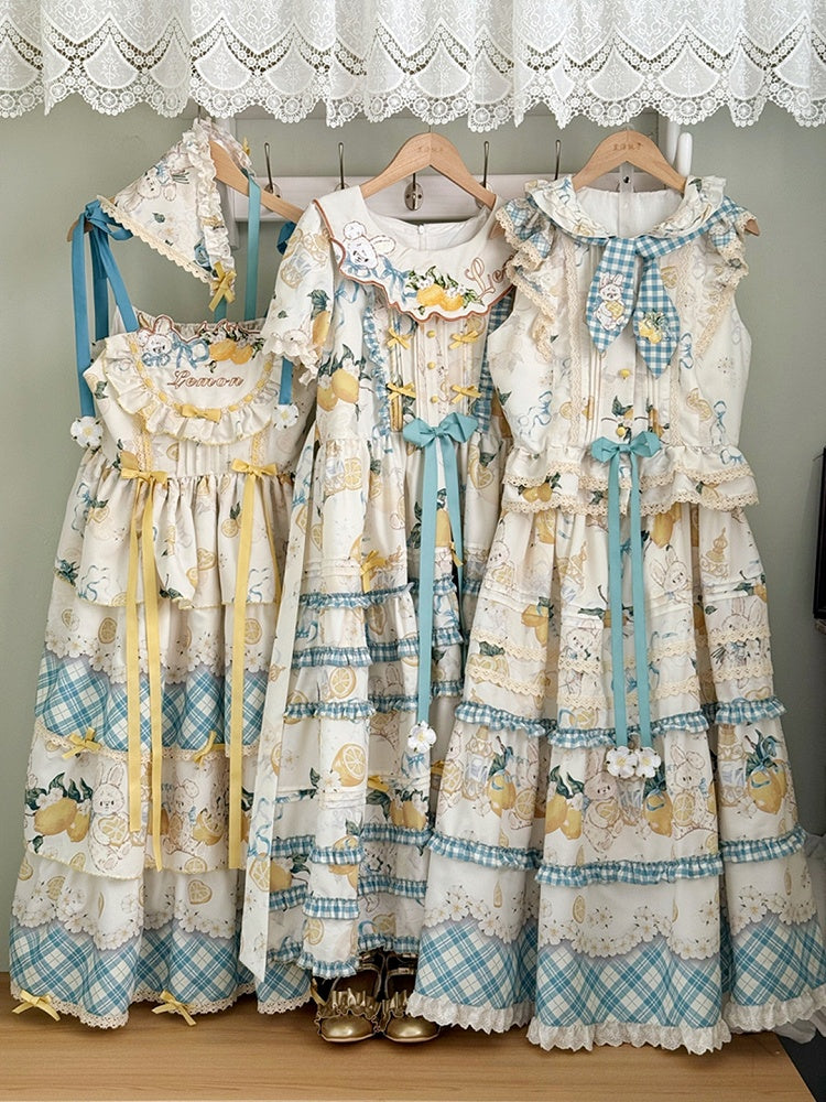 Blue & Yellow Lemon and Rabbit Print Country Lolita Dress with Plaid Pattern and Ruffled Layers
