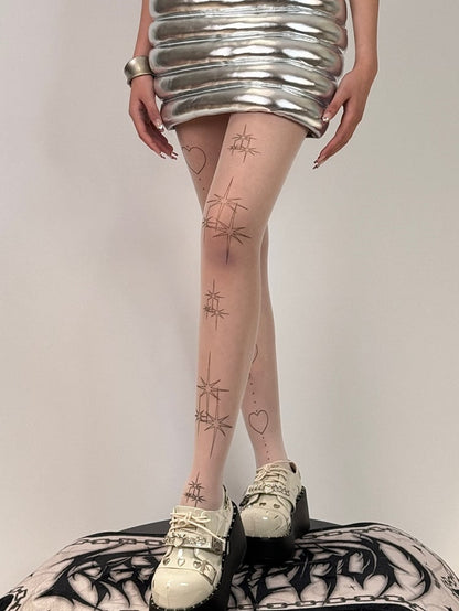 White Star And Heart Print Tights