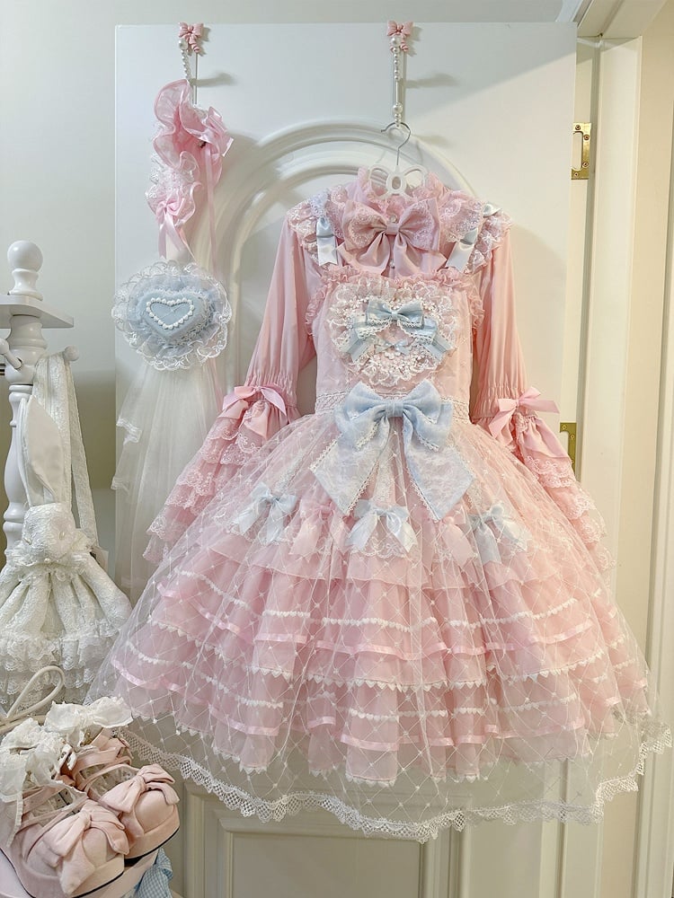 Pink Flower Applique Heart Bodice Overlay Hem Princess Lolita Jumper Skirt