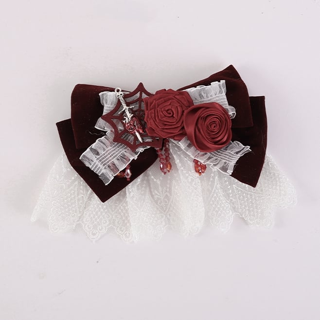 Gothic Spider Web White and Red Rosettes Big Bow Hairclip