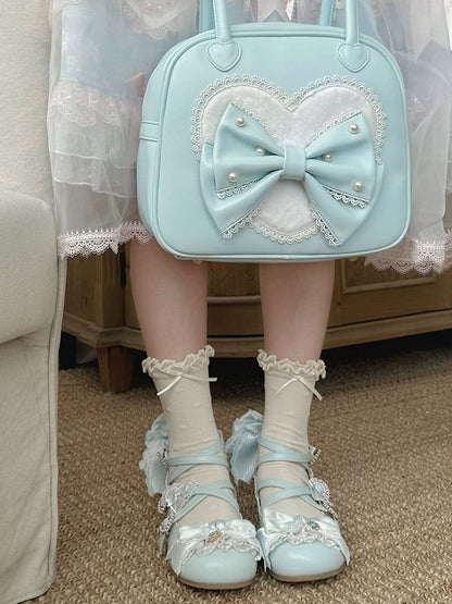 Blue Sweet Lolita Bowknot Details Crisscross Design Heart Buckle Straps 5CM Block Heels Shoes