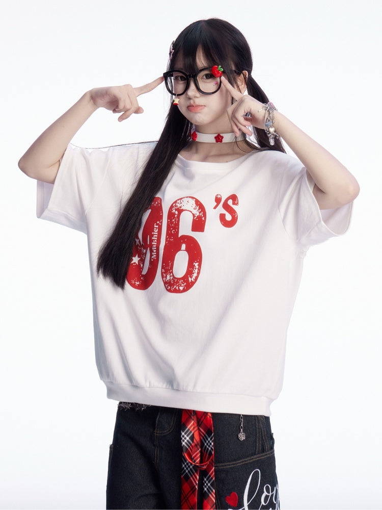 Vintage Number Print White Asymmetrical Neckline T-shirt