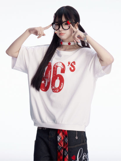 Vintage Number Print White Asymmetrical Neckline T-shirt