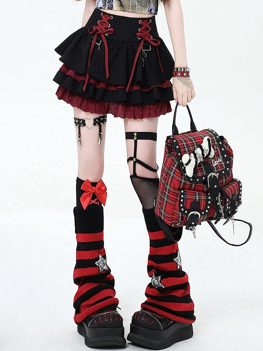 Lace-up Details at Waist Y2K Black and Red Punk Rock Tiered Skirt