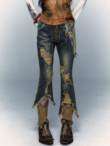 Lace-up Detail Blue Distressed Holes Faded Wash Punk Jeans Raw Hem