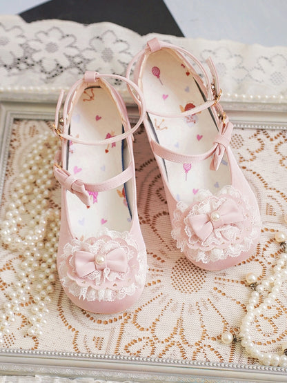 Baby Pink Bow at Top Lace Trim Heart Buckles Round Toe Lolita Shoes
