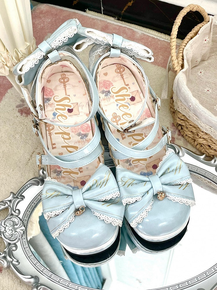 Blue Crisscross Design Heart Buckles Detachable Bow at Top High Block Heels