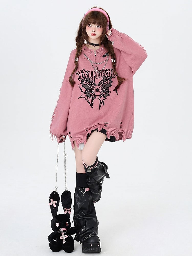 Rose Pink Gothic Distressed Holes Butterfly Sweater with Studs and Chains