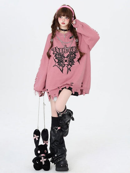 Rose Pink Gothic Distressed Holes Butterfly Sweater with Studs and Chains