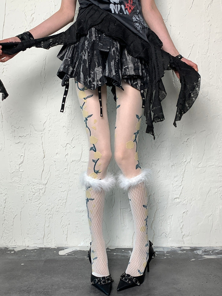 White Y2K Floral Pattern Tights