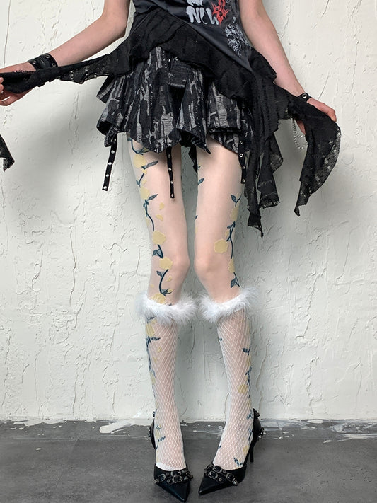 White Y2K Floral Pattern Tights