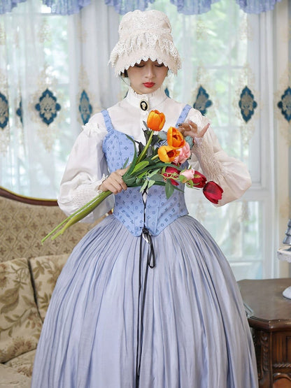 Bavarian Landhaus Historical Costume - Light Blue Boned Corset + Skirt + White Shirt + White Lace Bonnet