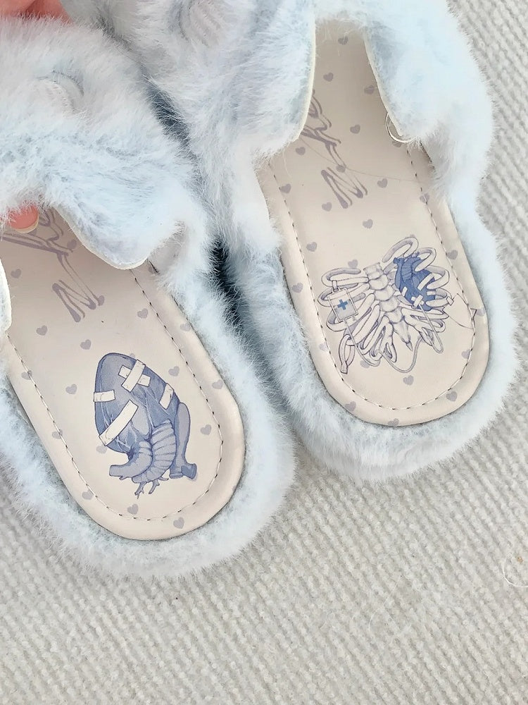 Light Blue Jirai Kei Plush Slippers: Embroidered Cat Design with Platform Sole & Top Bow