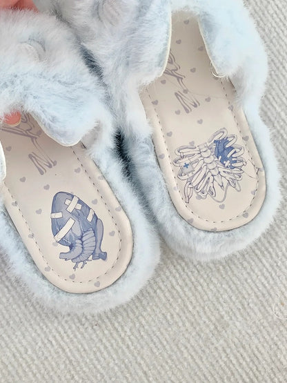 Light Blue Jirai Kei Plush Slippers: Embroidered Cat Design with Platform Sole & Top Bow