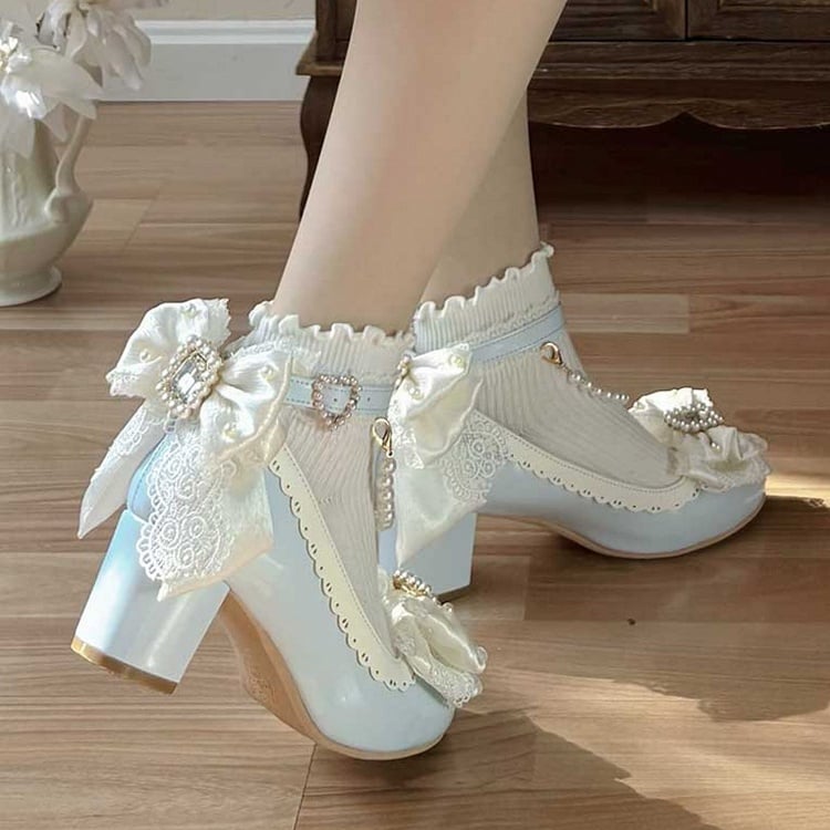 Blue Beaded And Rhinestone Decorated Bow at Top Lace Trim Mary Janes With Detachable Beaded Chain