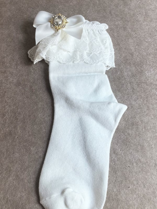 White Ruffled Cuff Jirai Kei Calf Socks With Pink/Blue/Purple/White/Black/Beige Bowknot Details