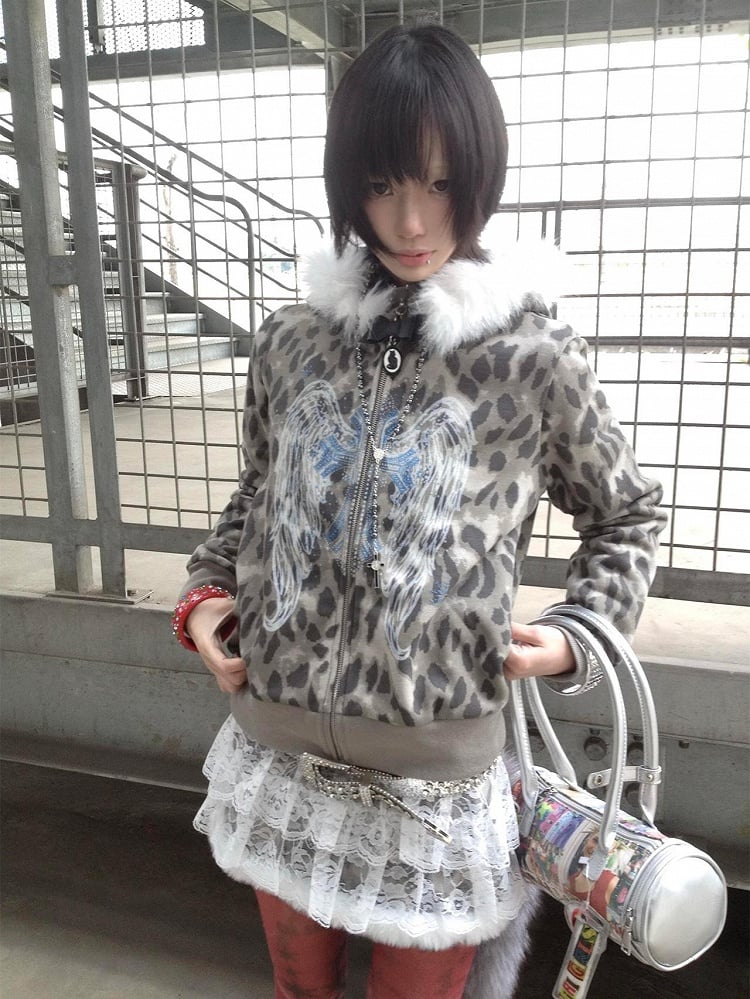 Gyaru Fashion Y2K Gray Leopard Print Hoodie with Detachable Faux Fur Trim