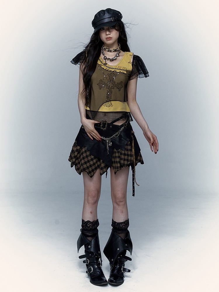 Rhinestones Decorated Yellow and Black Punk Rock Cross Print Asymmetrical T-shirt