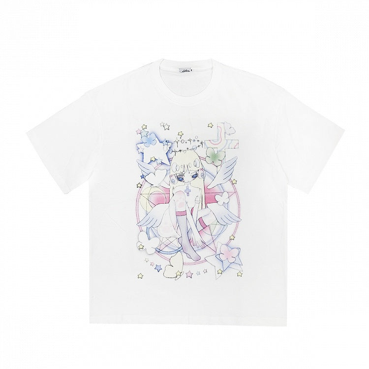 Anime Girl Print White Round Neck Loose Cotton T-shirt